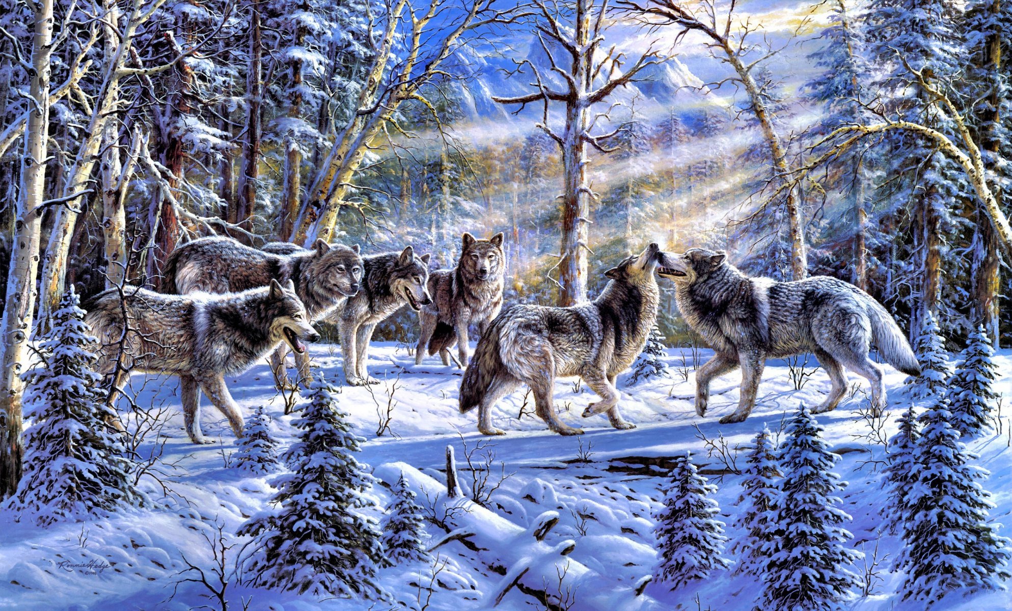 ronnie hedge kindred spirits painting forest winter wolves article sun rays spruce nature animal