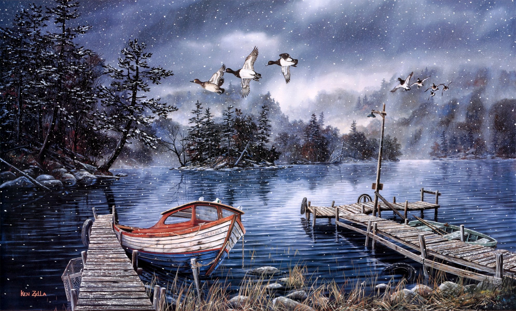 ken zylla lago en el bosque pintura finales de otoño primera nieve lago muelle linterna barco patos barco