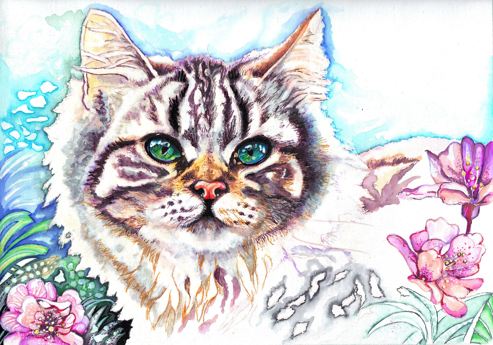 christina papagianni painting animals cat green eyes snout ears view flower