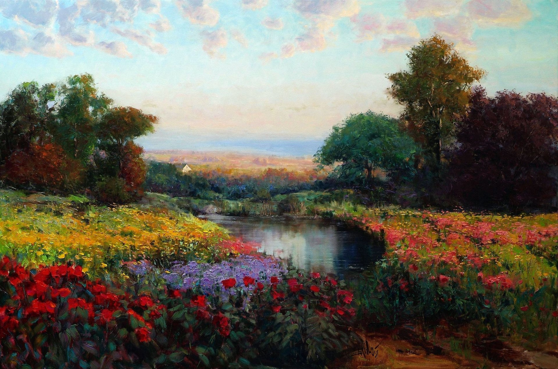 pittura paesaggio olio arte eric wallis prato lago fiori alberi cielo