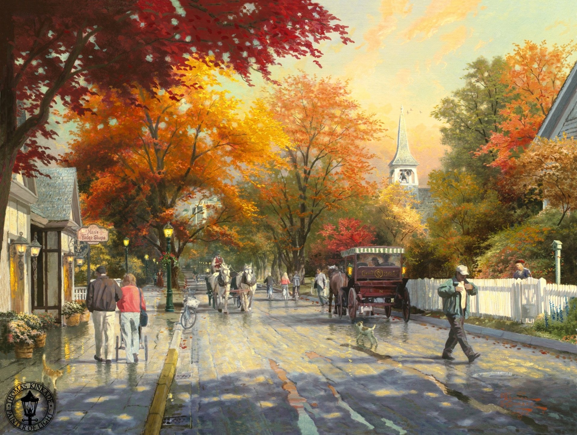 thomas kinkade otoño en mackinaw pintura otoño ciudad pueblo pueblo calle charcos carro caballos capilla linternas perro