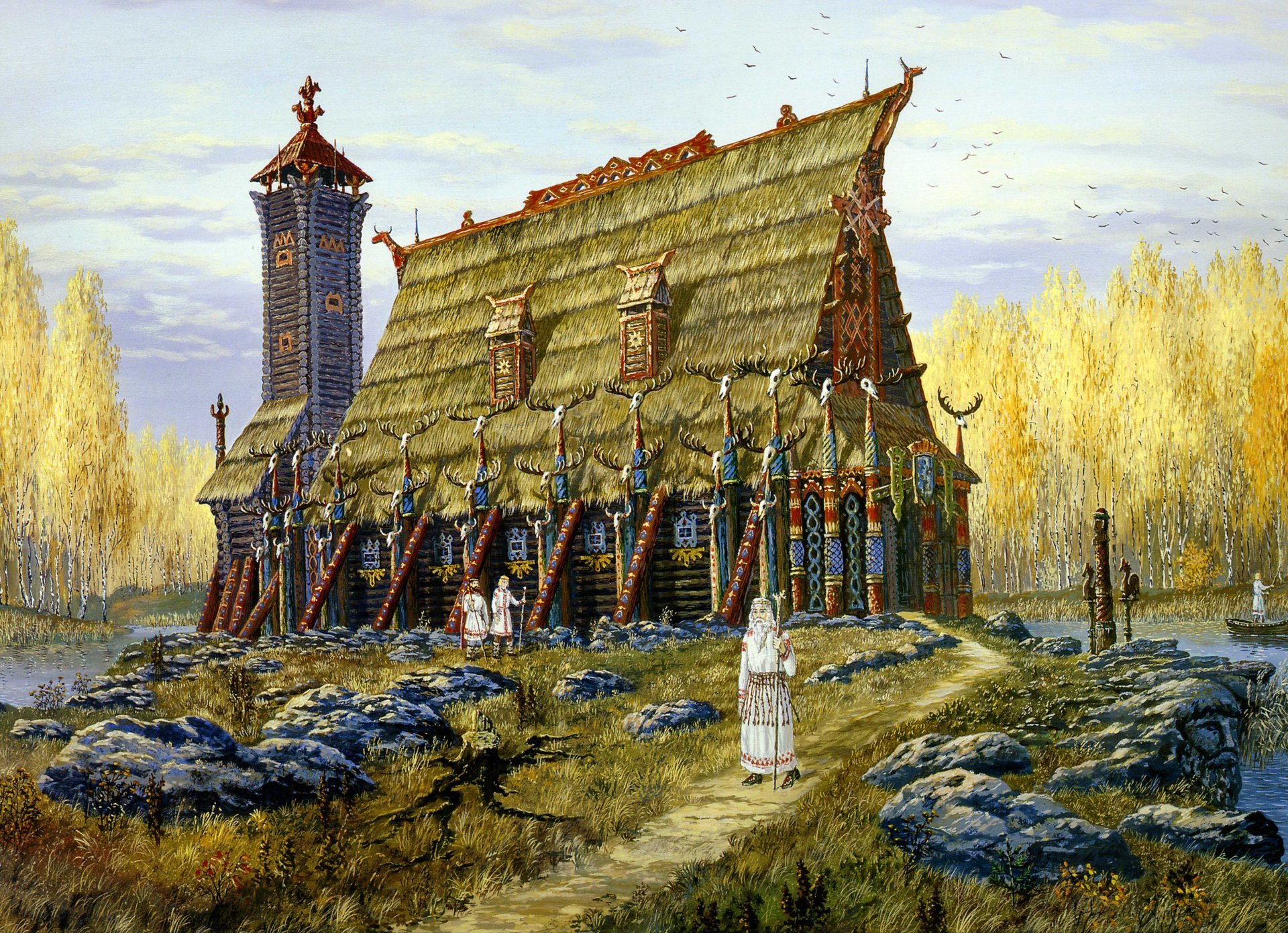 temple horsa . autumn vsevolod ivanov slavic painting history russian folklore lake temple ancient tower birch grove sorcerer