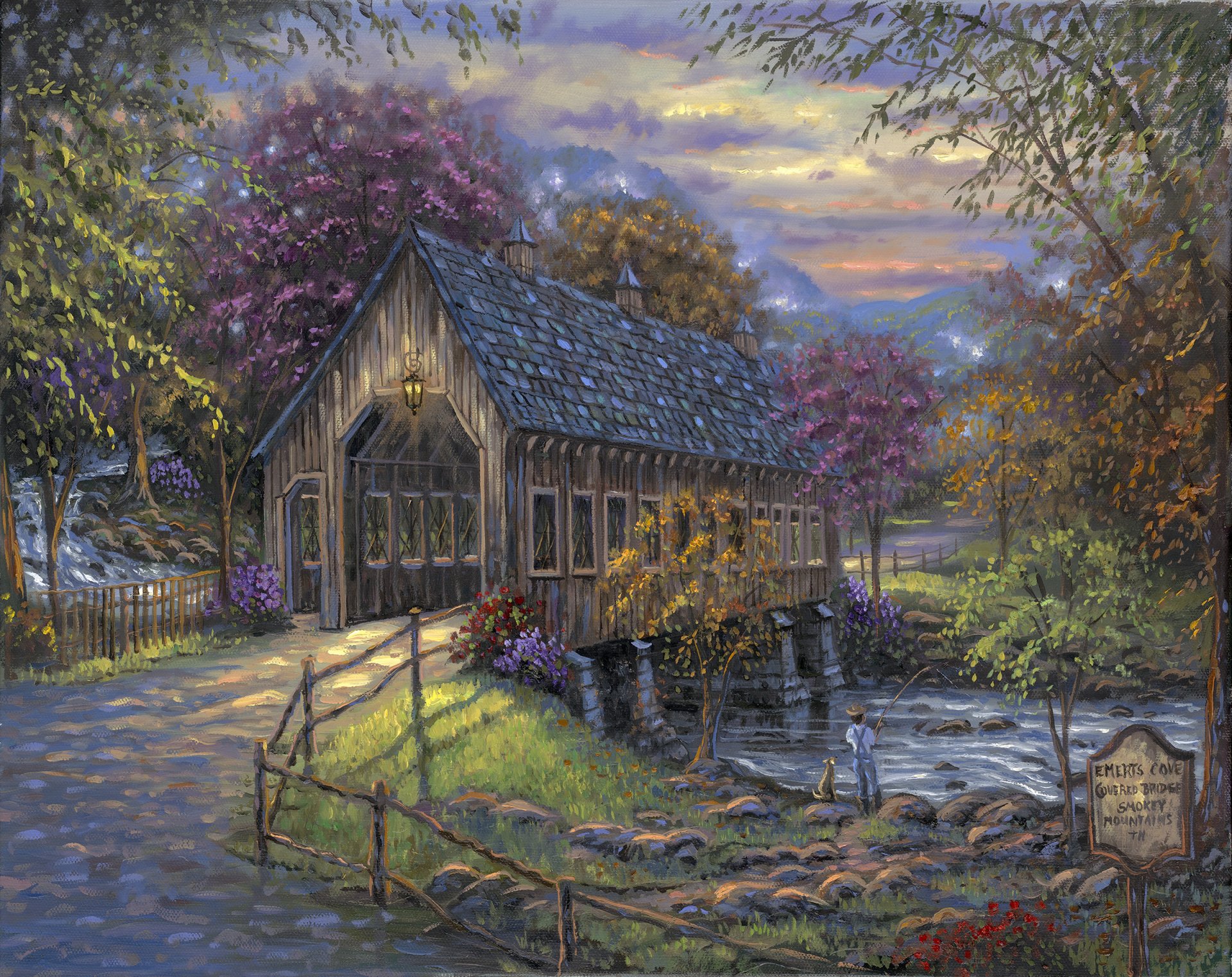 robert finale emerts cove covered bridge painting covered bridge river autumn flower light pillar a fisherman