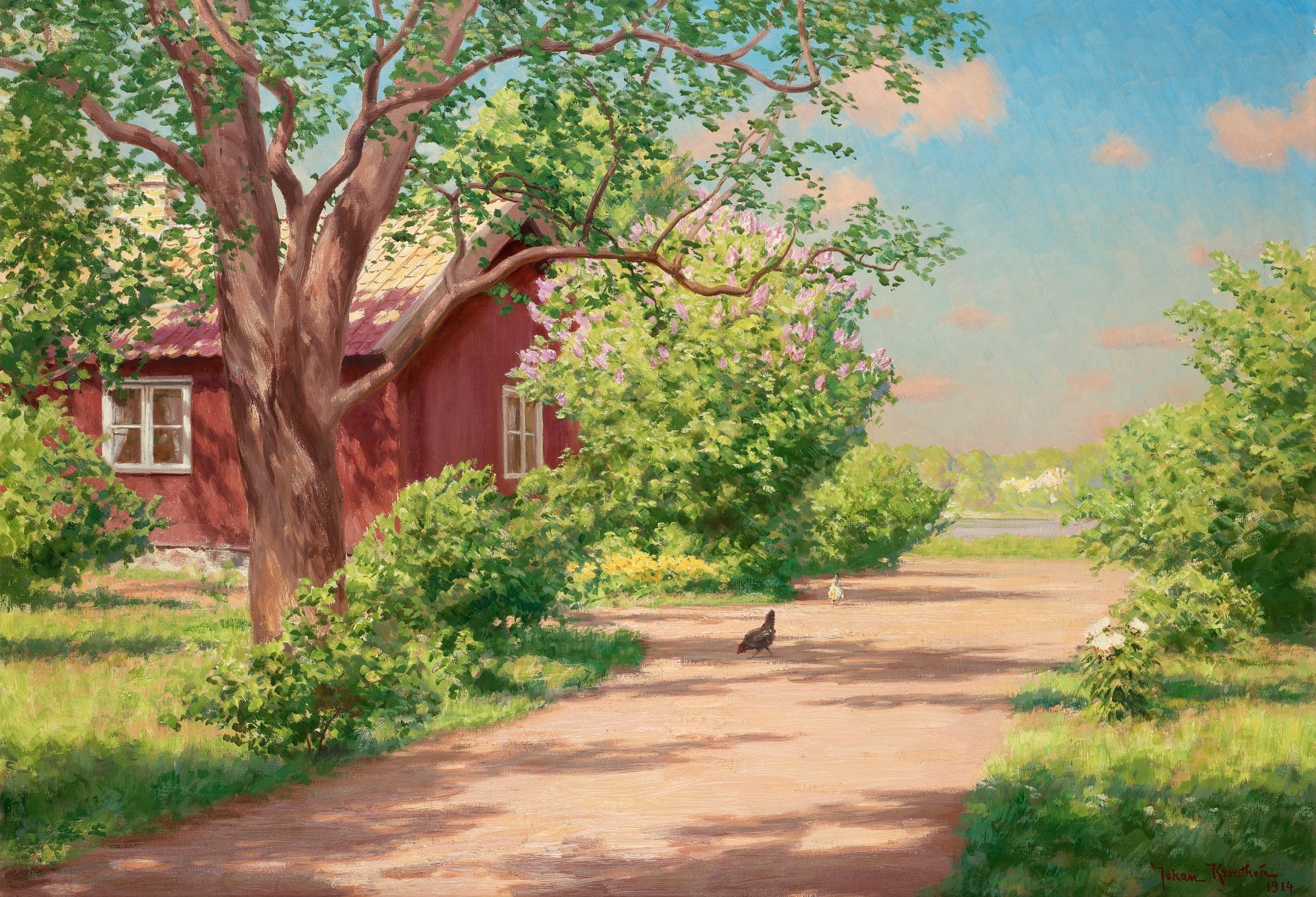 pintura paisaje johan krouthen verano casa casa de campo pueblo camino árboles arbustos río pollos