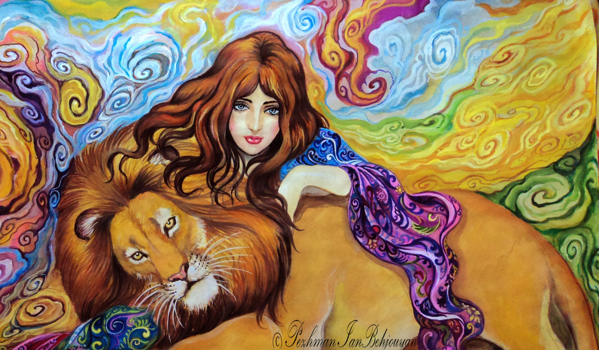 pittura arte ragazza sguardo viso occhi capelli mano animale predatore leone criniera sfondo astrazione