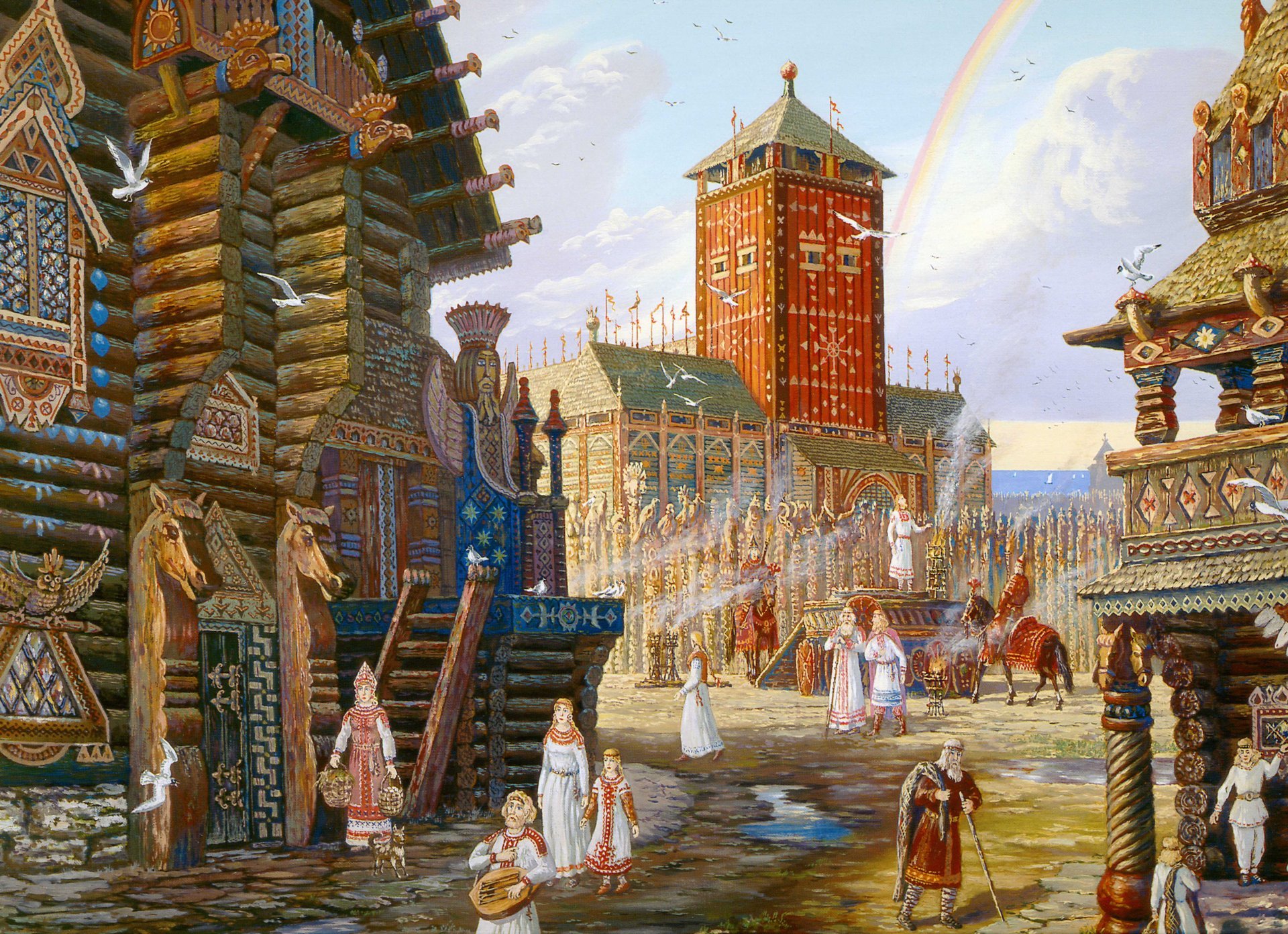 vsevolod ivanov arcobaleno sopra arkona città arkona russia baltica bello dipinto case arcobaleno pittura folklore russo arte