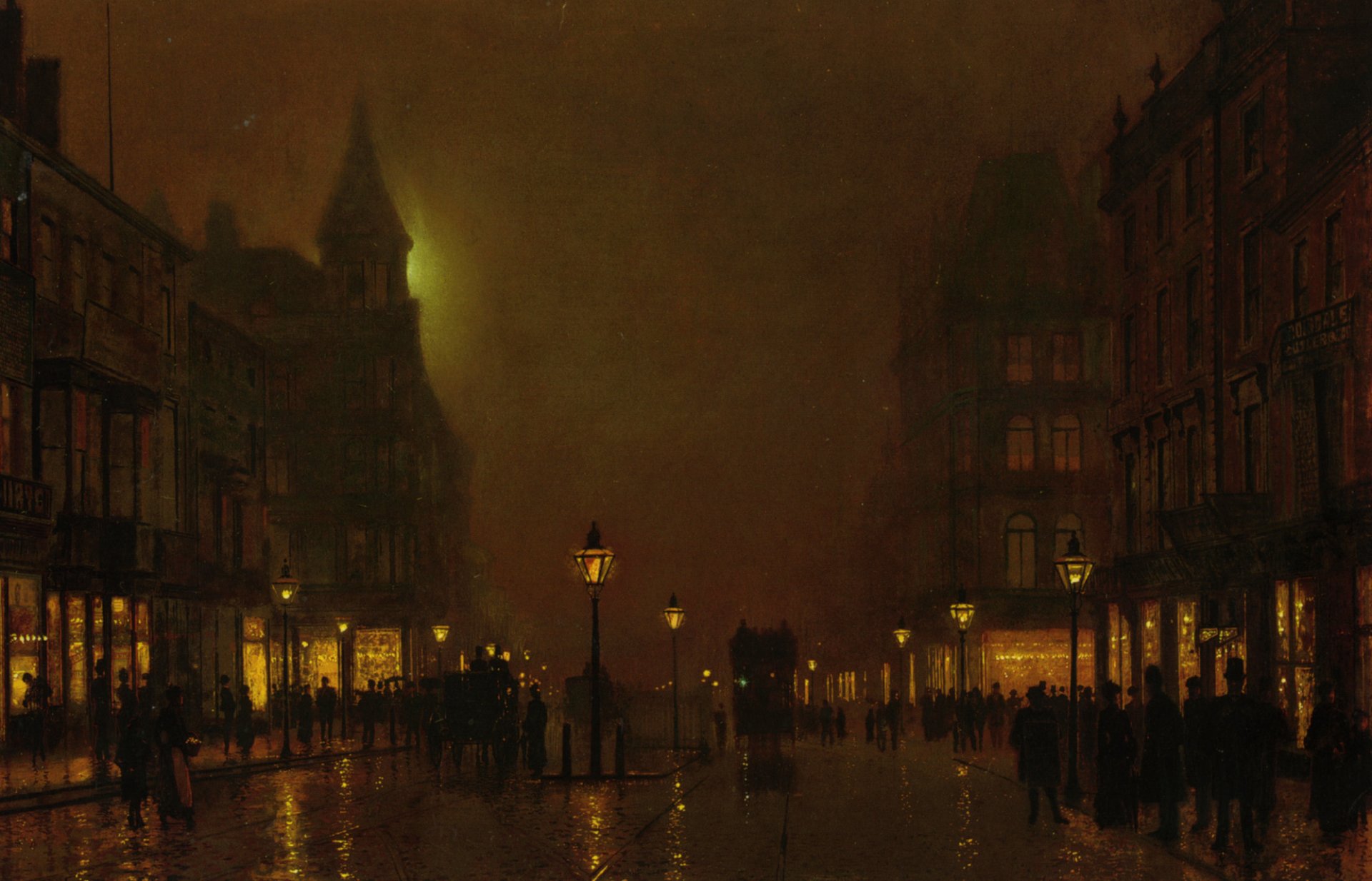 malerei john atkinson grimshaw stadt nacht laternen straße häuser menschen kutschen schaufenster pflasterstein licht