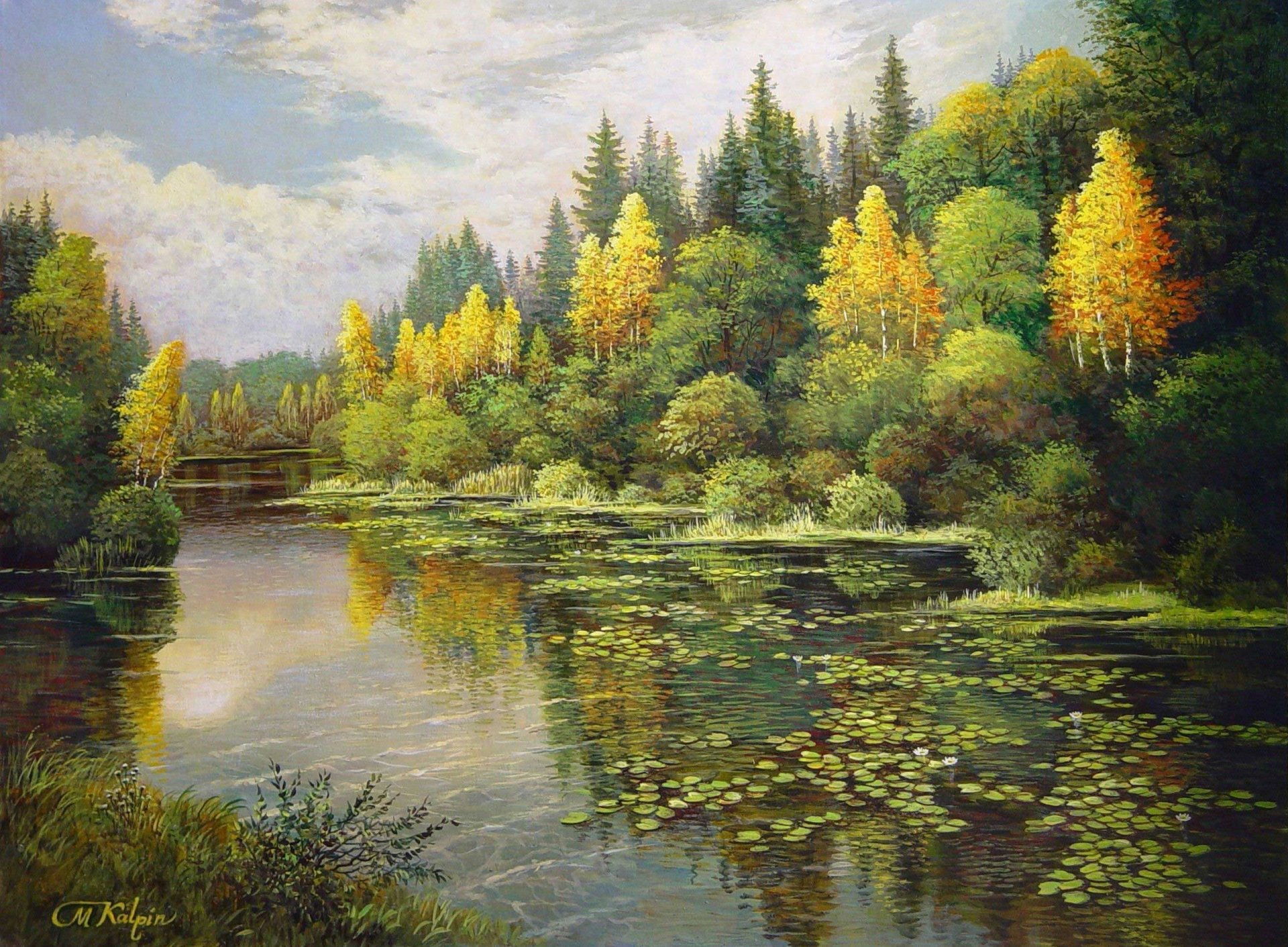 marca kalpin paisaje pintura principios de otoño bosque mixto abedul amarillo lago lotos