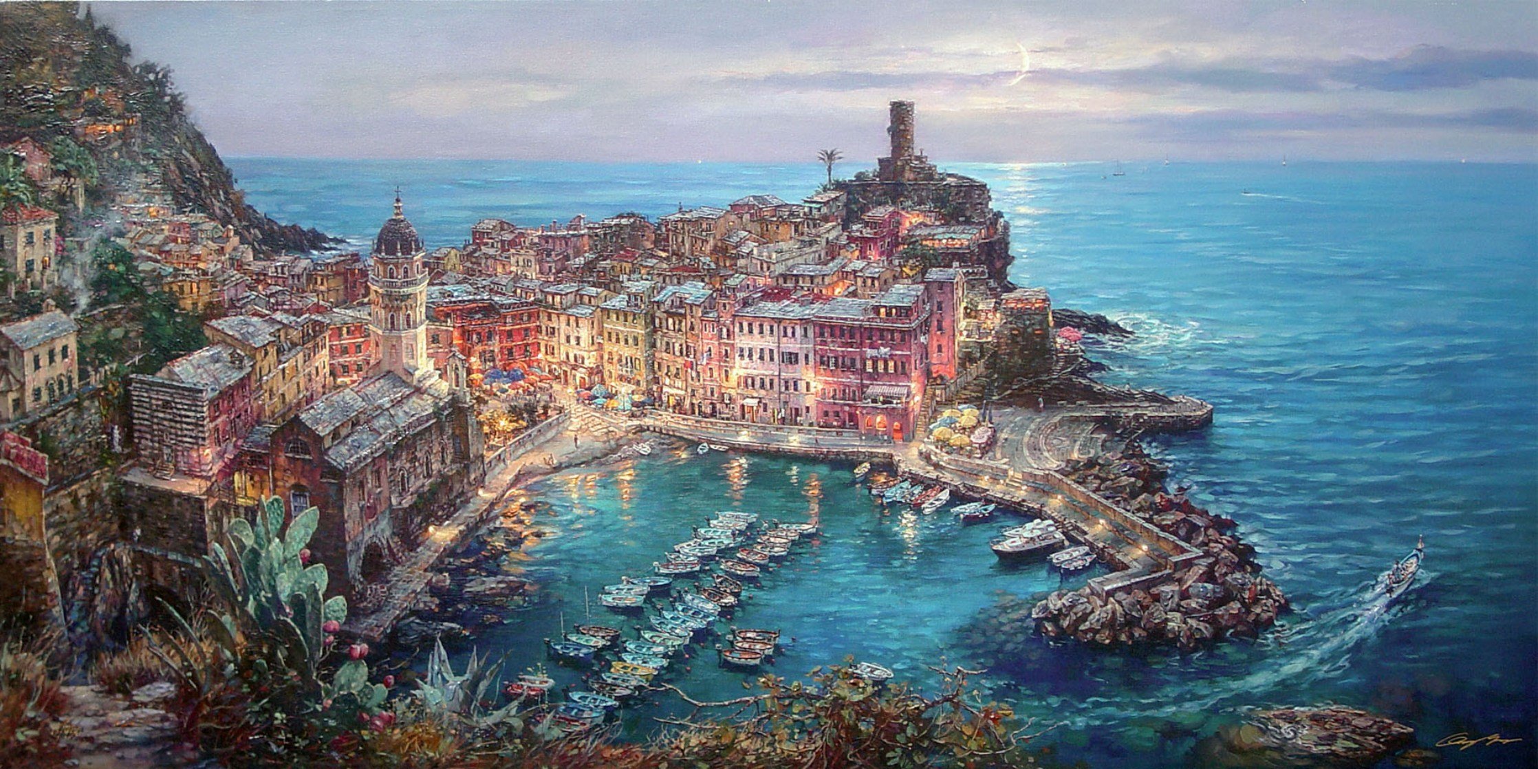 cao yun mondlicht in vernazza malerei mittelmeer vernazza italien liegeplatz boote stadt häuser kathedrale mondlicht