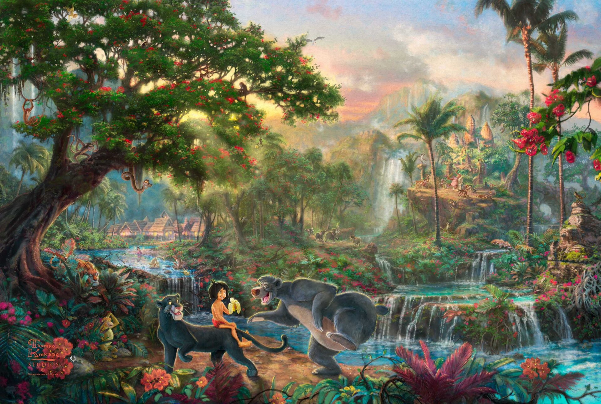 thomas kinkade the jungle book thomas kinkade studios walt disney painting animated film film disney jungle mowgli tiger shere khan panther bagheera papa bear ball flower waterfalls palm monkey village house