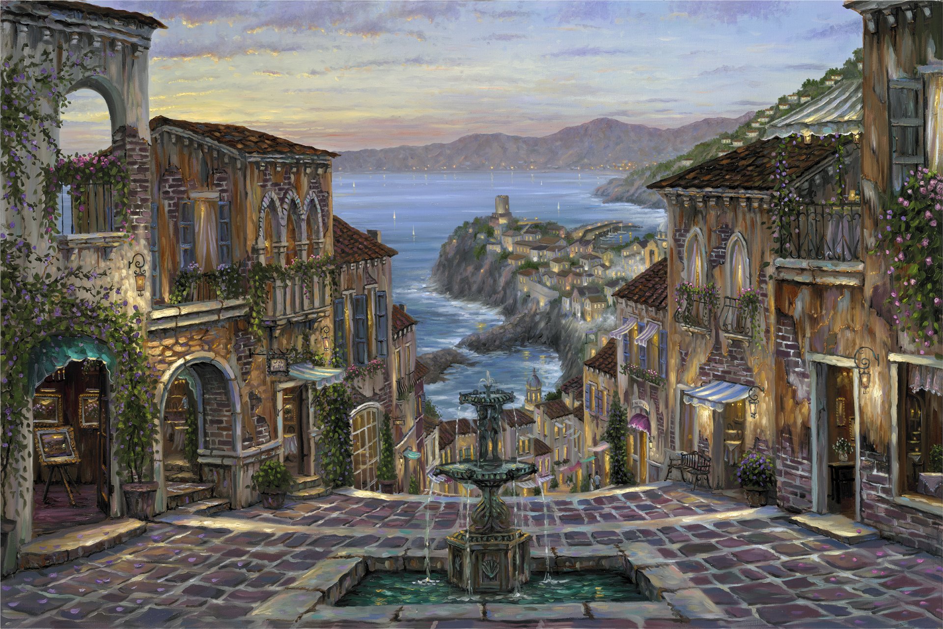 robert finale summer in vernazza painting italy vernazza italian riviera sea coast fountain evening houses paintings weaving flower