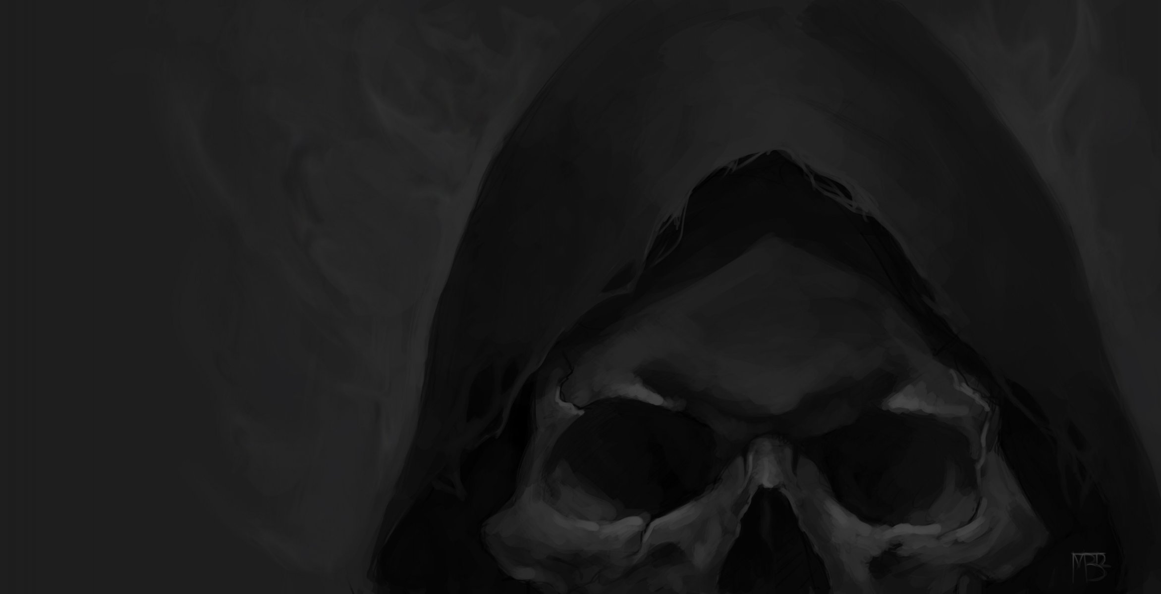 art gray background skull hood head darkly