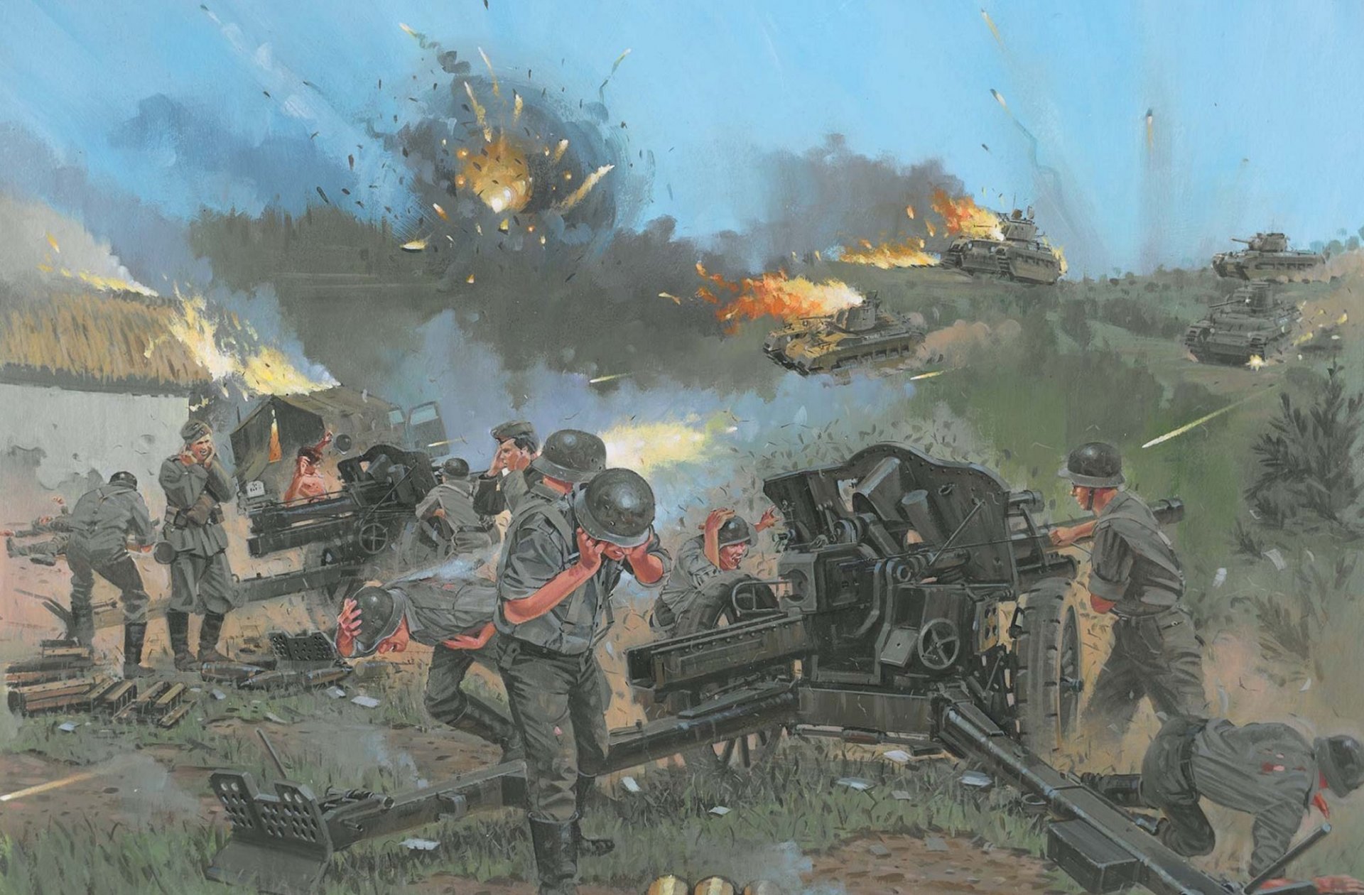 fight battle tanks gun men artillerymen explosions fire smoke the second world war picture