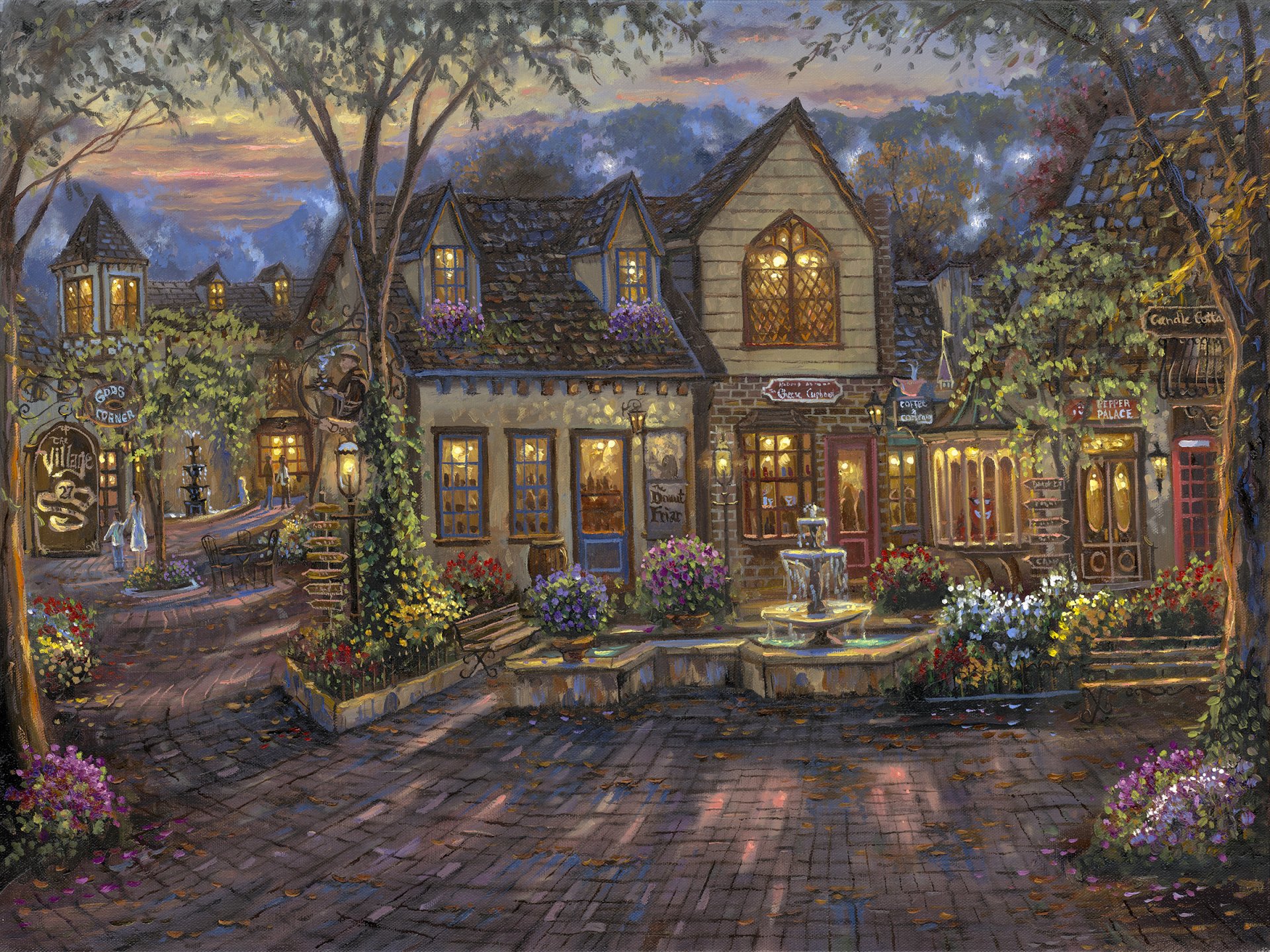 robert finale the village painting house cafe fountain flower shop bench night