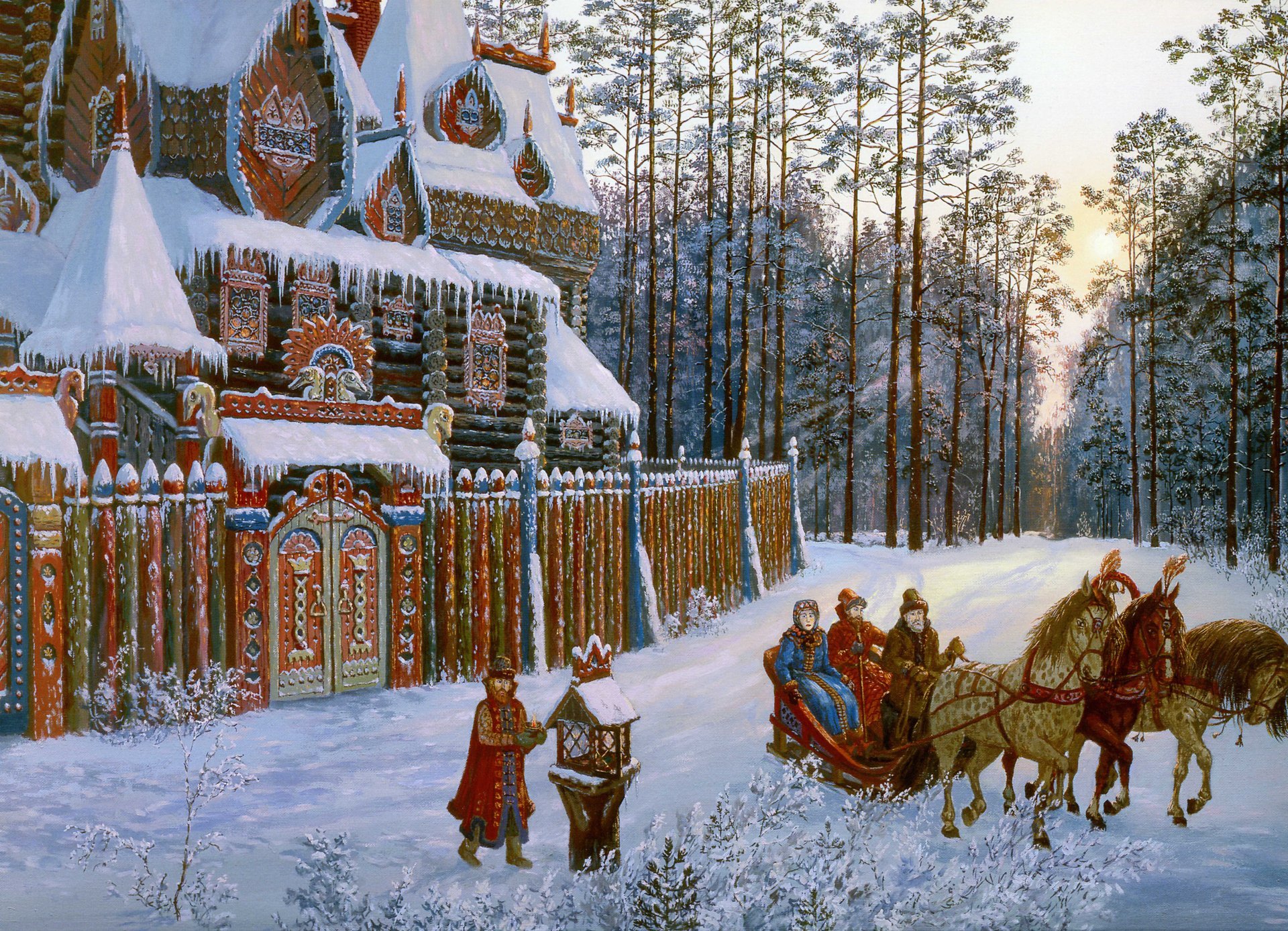 vsevolod ivanov cène en promenade folklore russe hiver neige forêt pins crépuscule maison architecture russe trois chevaux