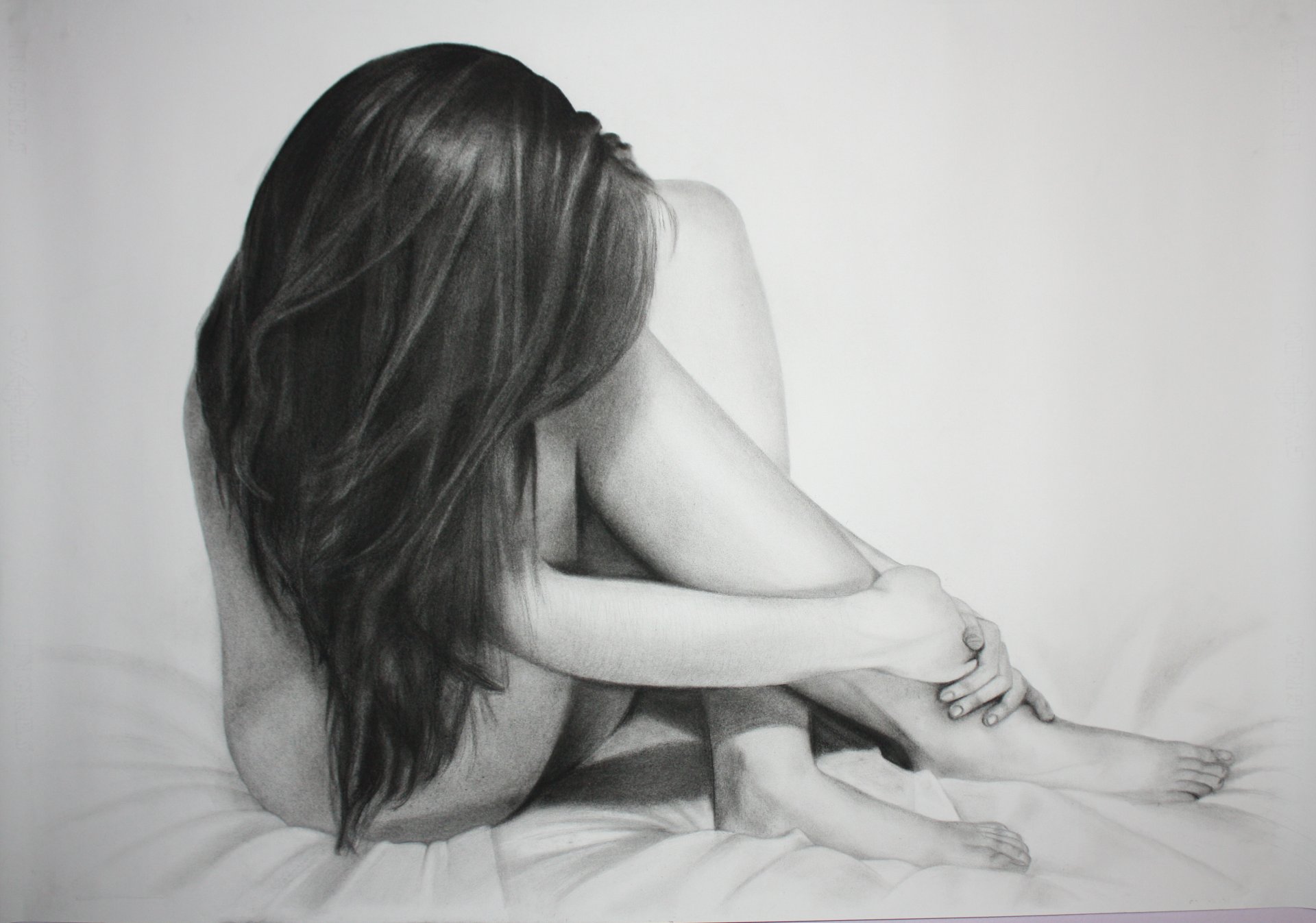 painting pencil pose the body feet long hair bed