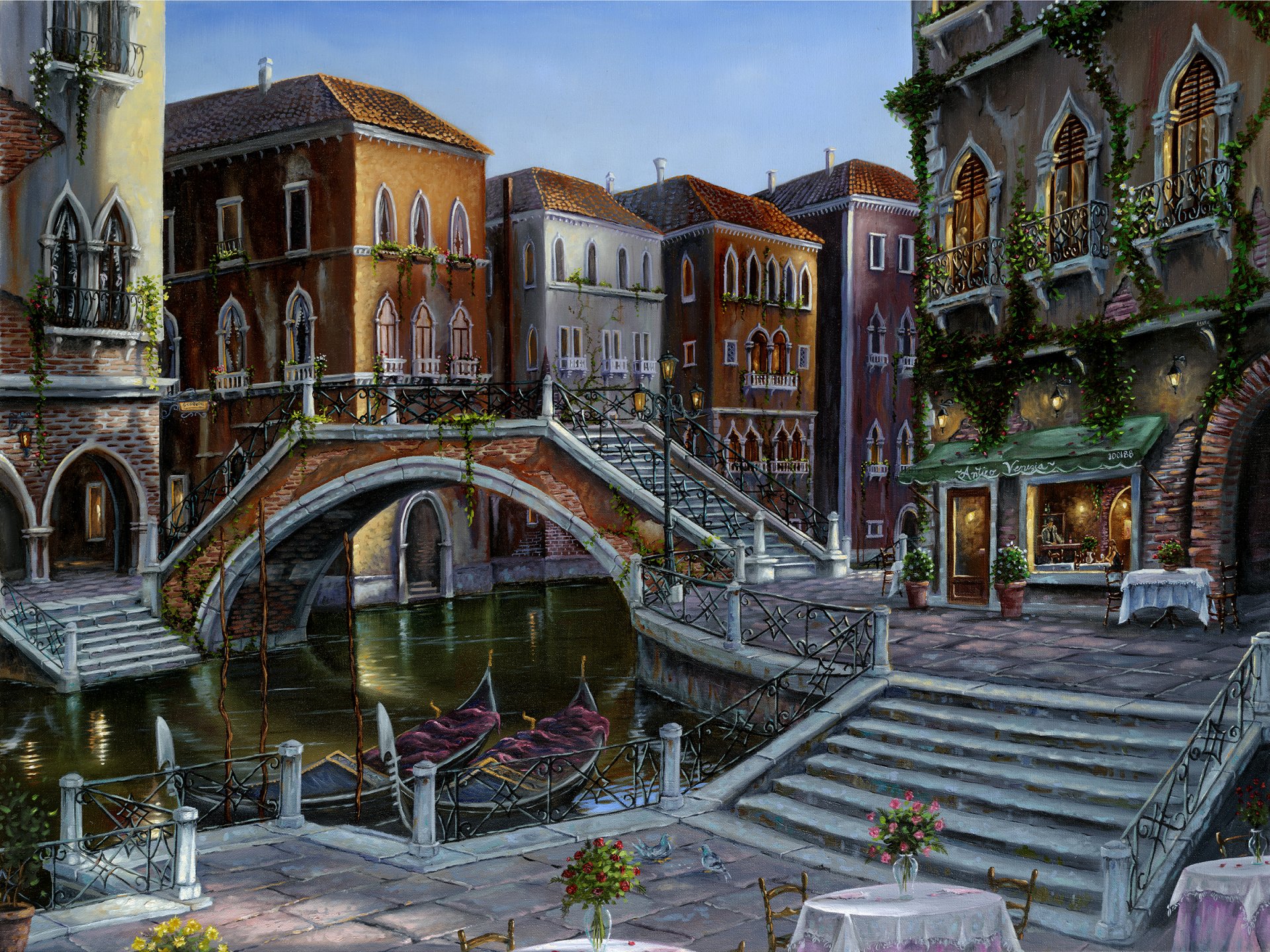 robert finale venician sunrise peinture italie venise pont canal gondole café table fleurs vase escalier marches