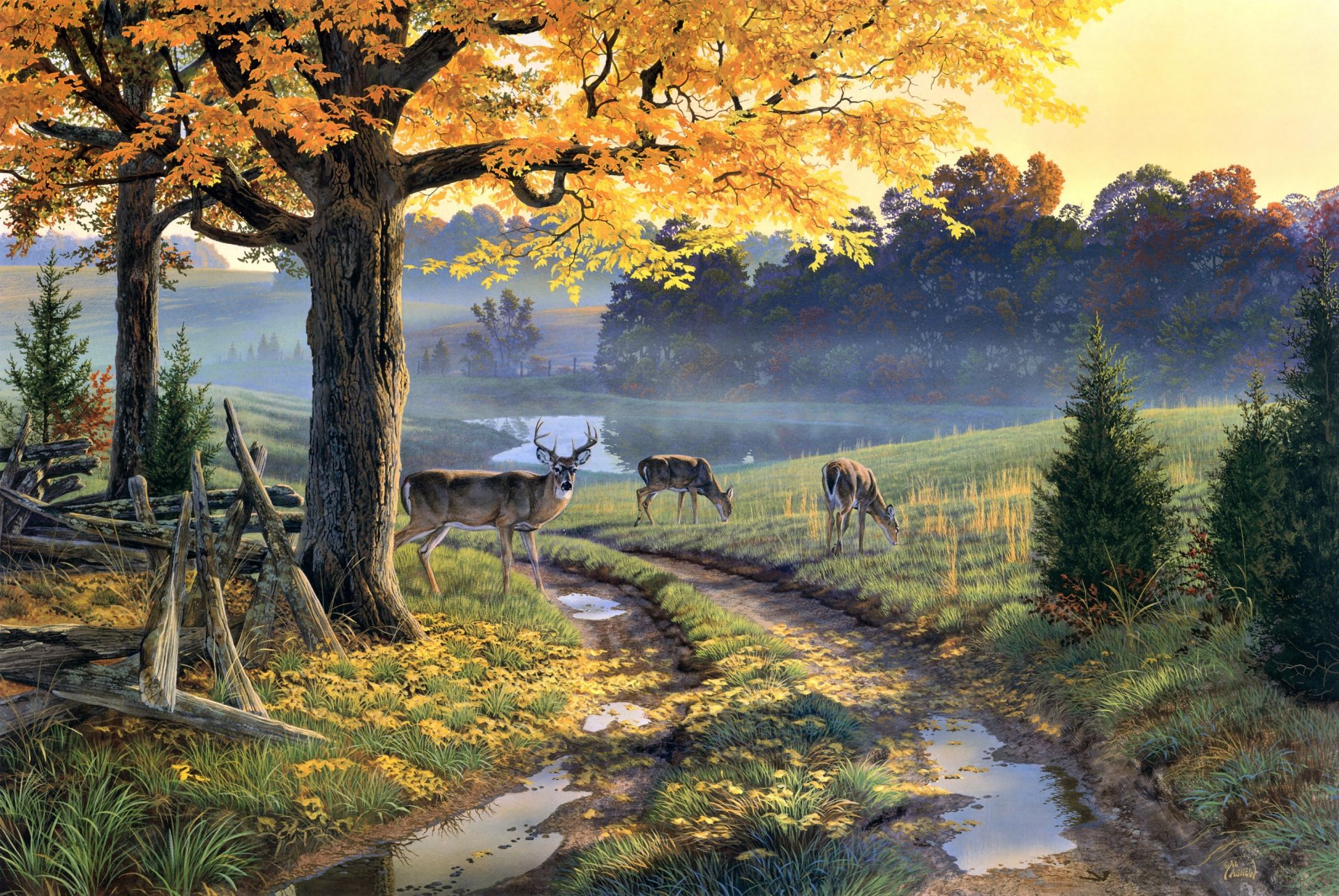 al agnew a bend in the road painting lake dirt road pools autumn reindeer autumn leave