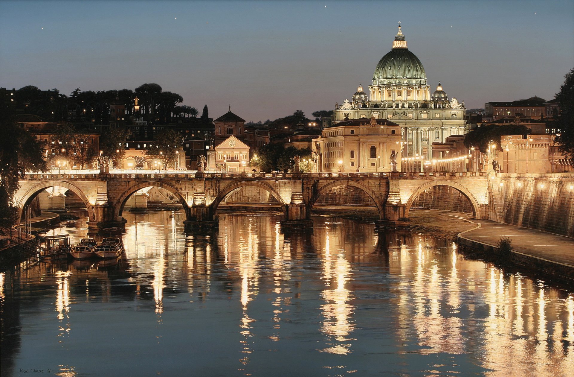 rod chase ruhm von san pietro kunst basilika petersdom italien stadt rom fluss tiber brücke lichter