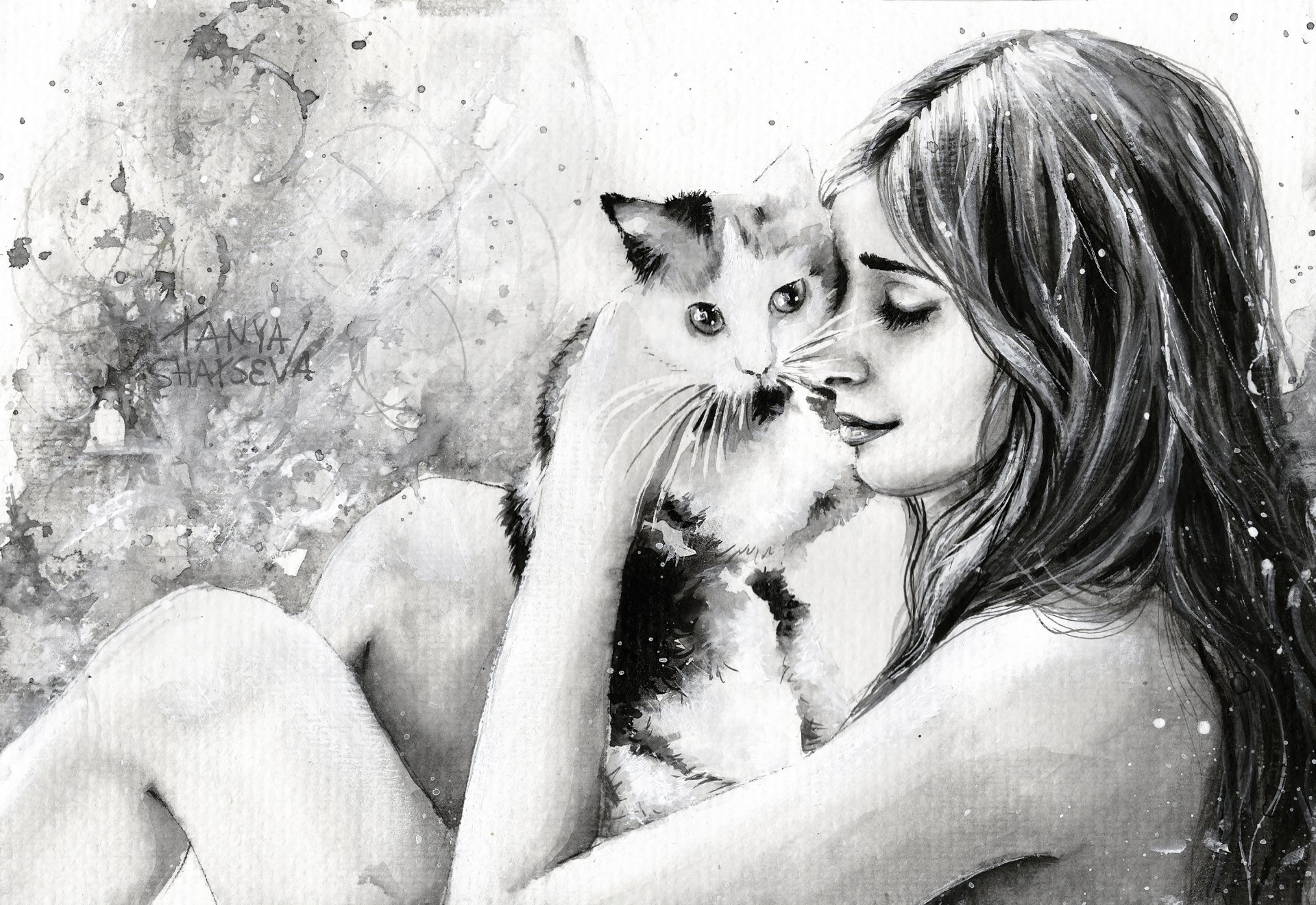 Картинка девушка с кошкой. Tanya Shatseva картины. Таня Шацева художник. Рисунок девушки. Картины с кошками.