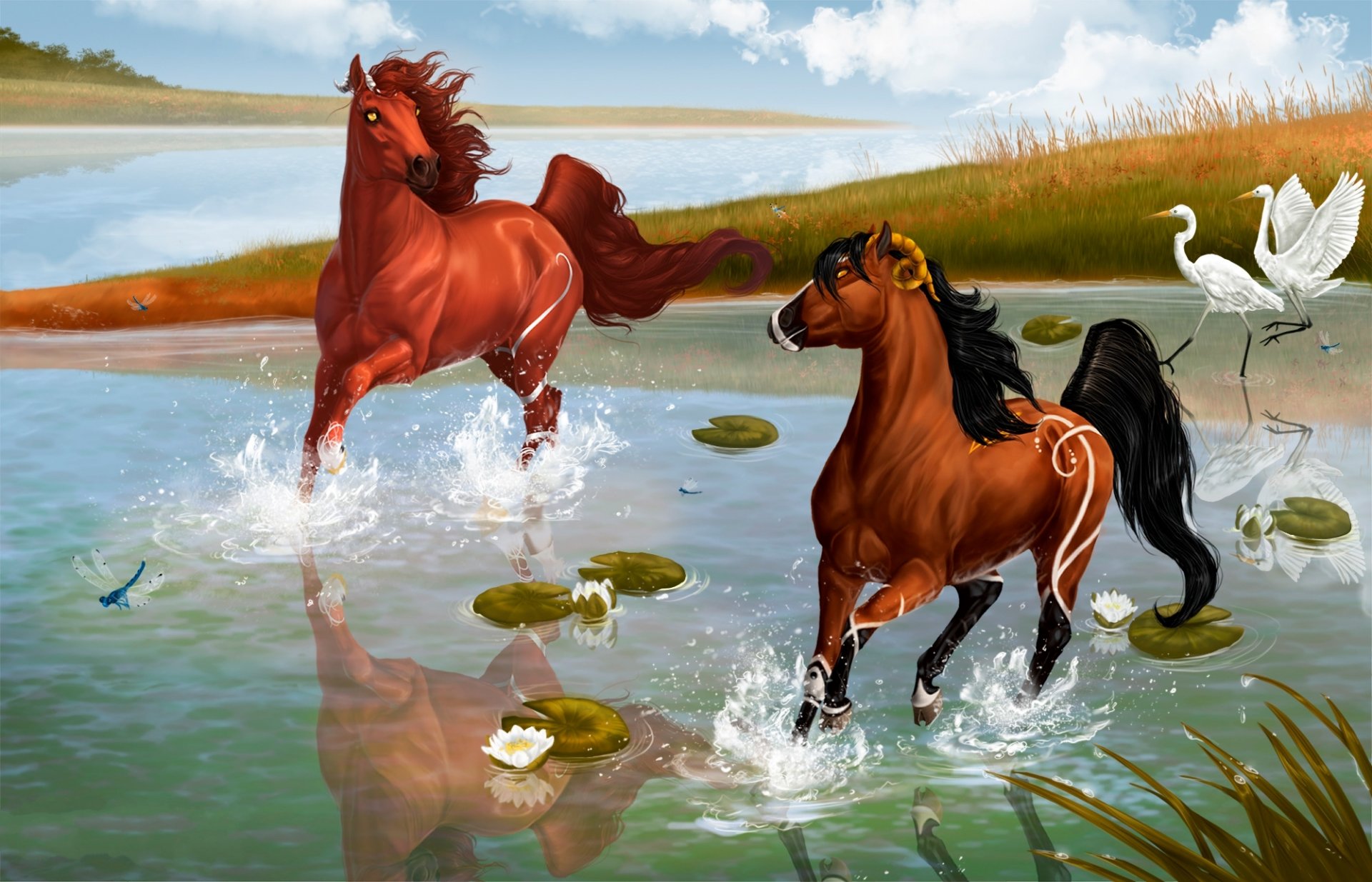 painting horses water dragonfly horns reflections reeds water lilies lotuses flowers earth grass storks birds sky blue lines eyes mane tail summer pursuit reeds water lilie