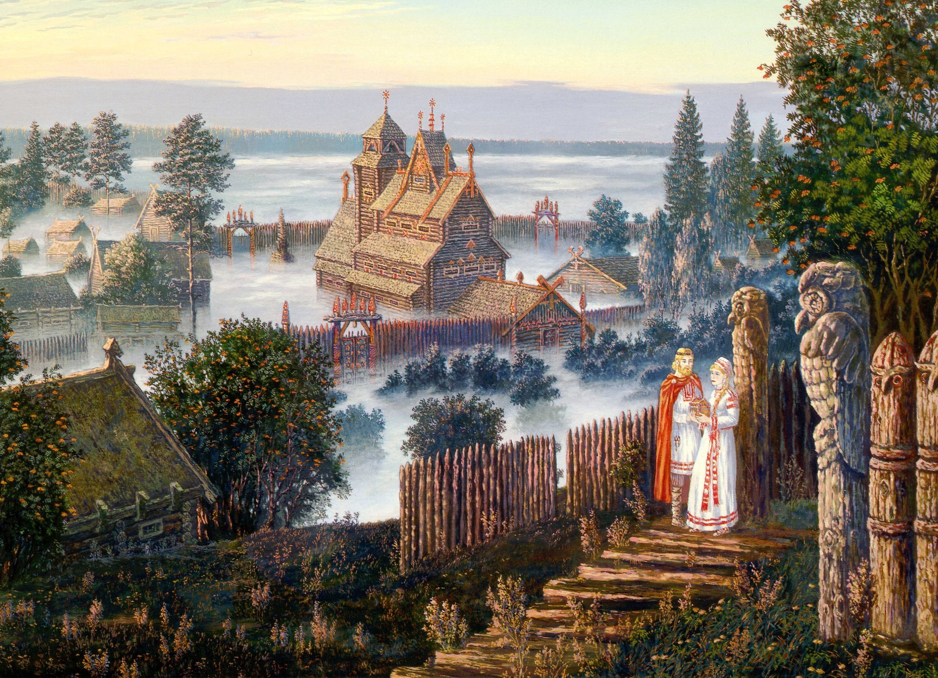 vsevolod ivanov the forthcoming discussion wooden house vedic temple fog hill men a woman chest summer rowan trees russian folklore slavic painting art