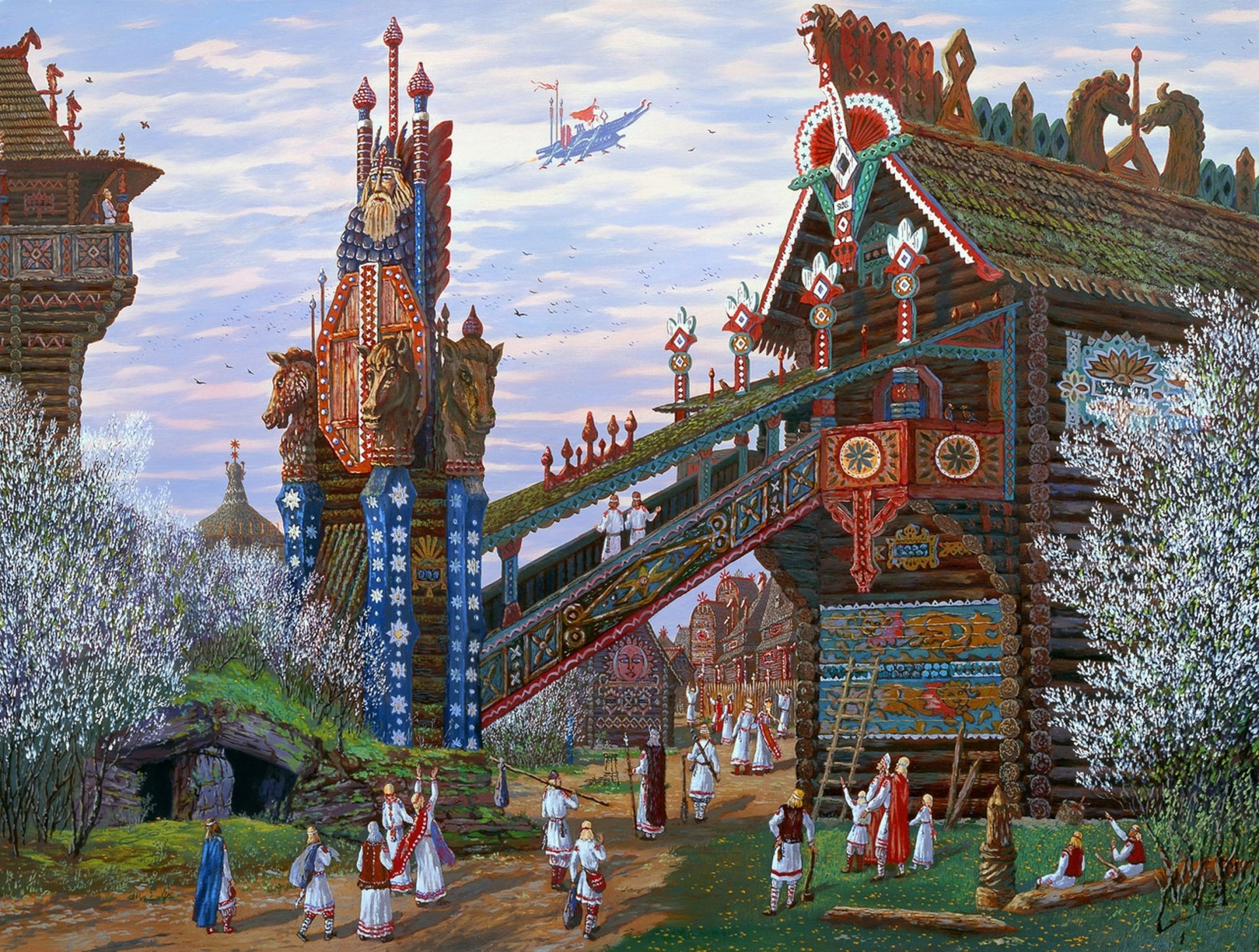 prince ruz arrived in the spring vsevolod ivanov slavic painting building spring bloom outlandish celestial chariot ancient russian castle wooden architecture