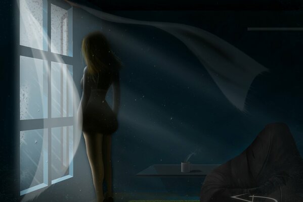 Obraz dziewczyny patrzącej przez nocne okno