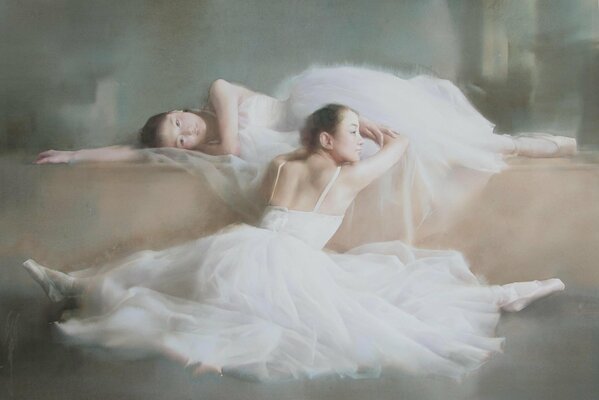 Watercolor painting of ballerinas resting