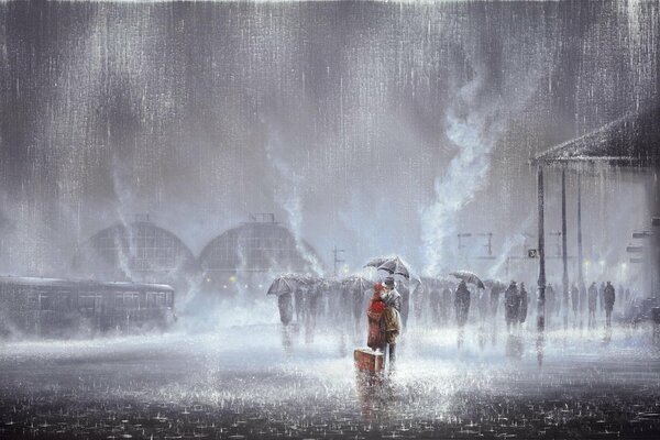 In Jeff Rowland s painting, two kiss in the rain