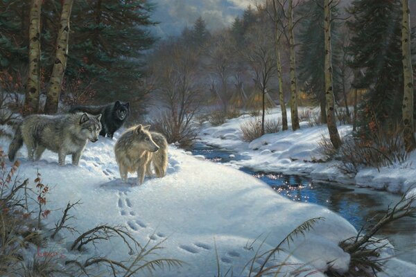 A picturesque picture in a snowy forest and a pack of wolves