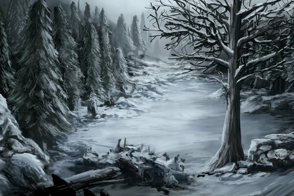 Sztuka śnieżnego lasu w chłodnych kolorach