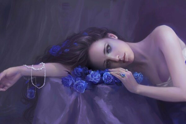 Ragazza triste con fiori blu