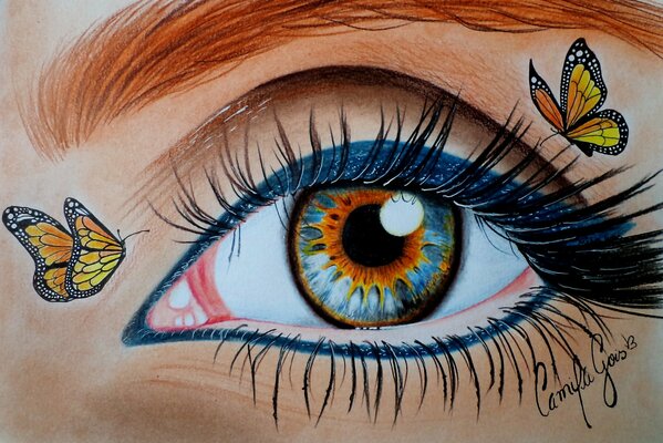 Drawing of a woman s eye with butterflies