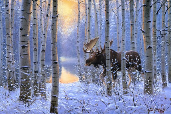 A painting by Dirk Hansen. Moose in the forest in winter