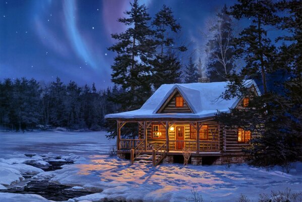 Winter evening over a wooden hut