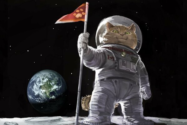 Kosmonaut Katze mit Flagge im Weltraum auf dem Hintergrund des Planeten Erde