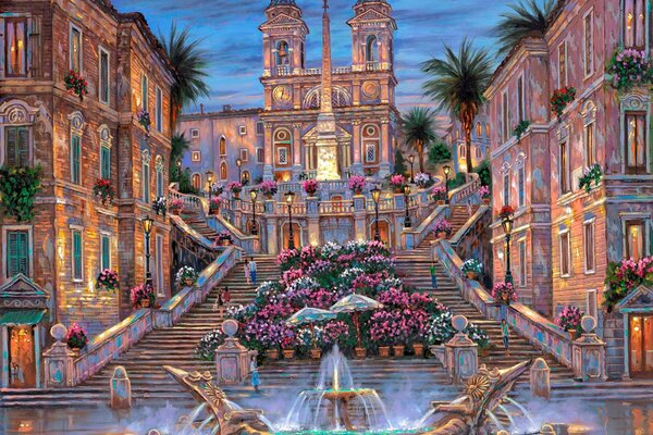 Spanish steps at dusk painting