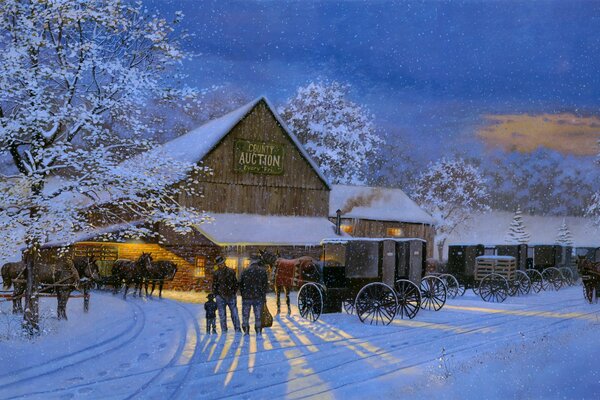 Subasta vespertina Dave Barnhouse pintura invierno con caballos y carros