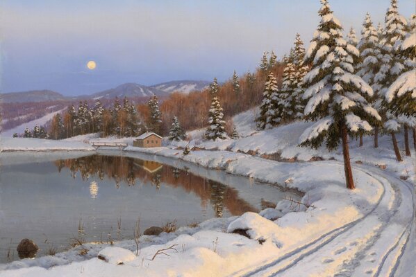 Boris Bessonov s painting, winter landscape on the lake