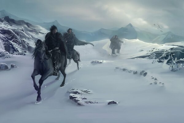 Snow, steppe, riders on black horses, blizzard