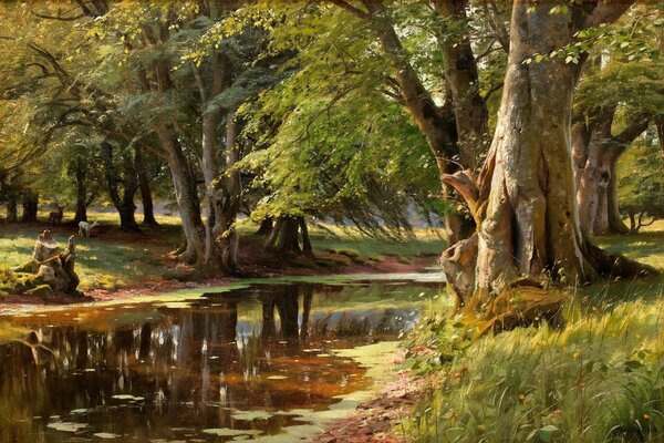 Картина пейзаж леса и реки