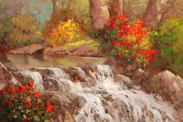 Waterfall, bright red bushes