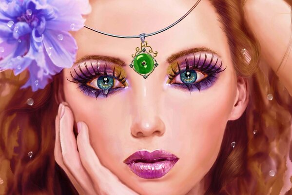 Visage de fille avec pendentif vert