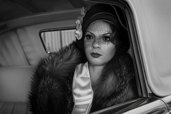 Girl in a hat with a veil in the car