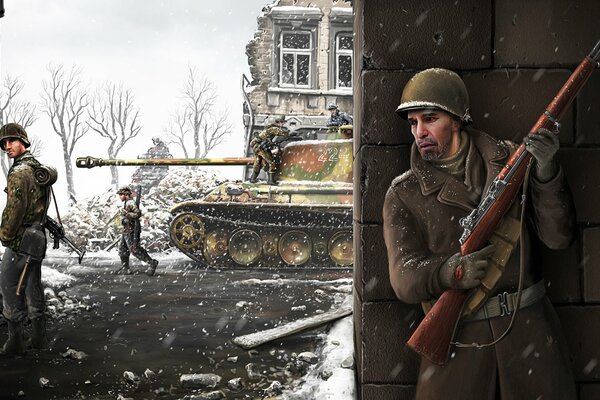 Картина на которой мужчина стоит за стеной с оружием а на улице едет танк