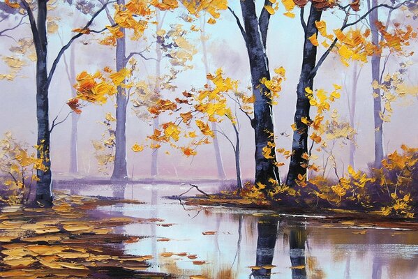 Romantic golden autumn by the lake