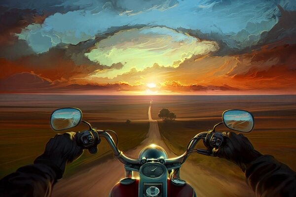 A biker riding a motorcycle on the road towards the setting sun