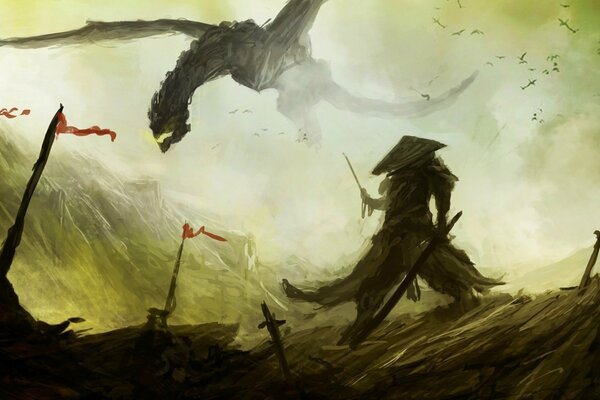 A dragon flying over a field with a samurai