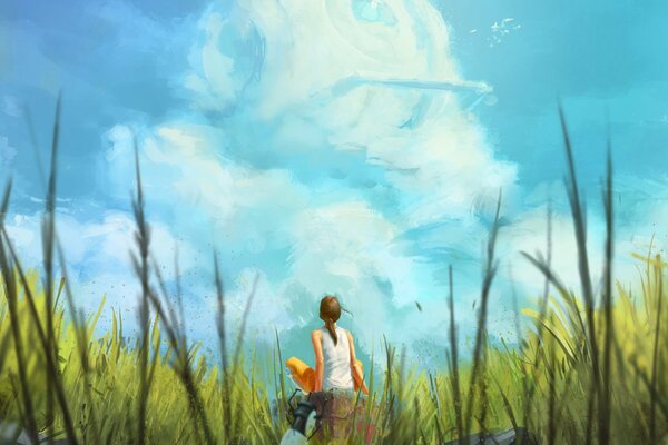 A girl in the grass looks at the sky